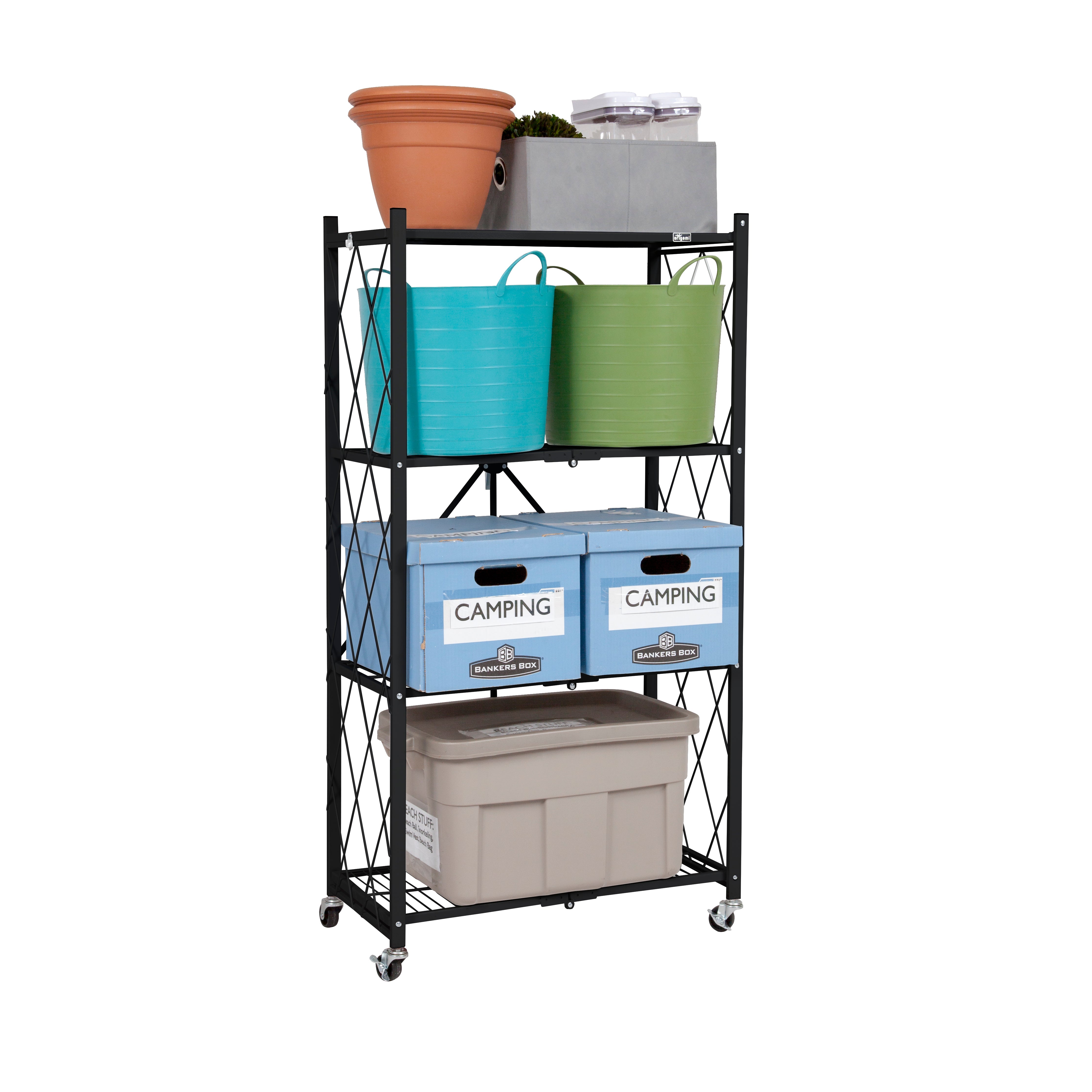 Origami 3 Shelf Foldable Storage Unit on 3 Caster Wheels Unfolds in