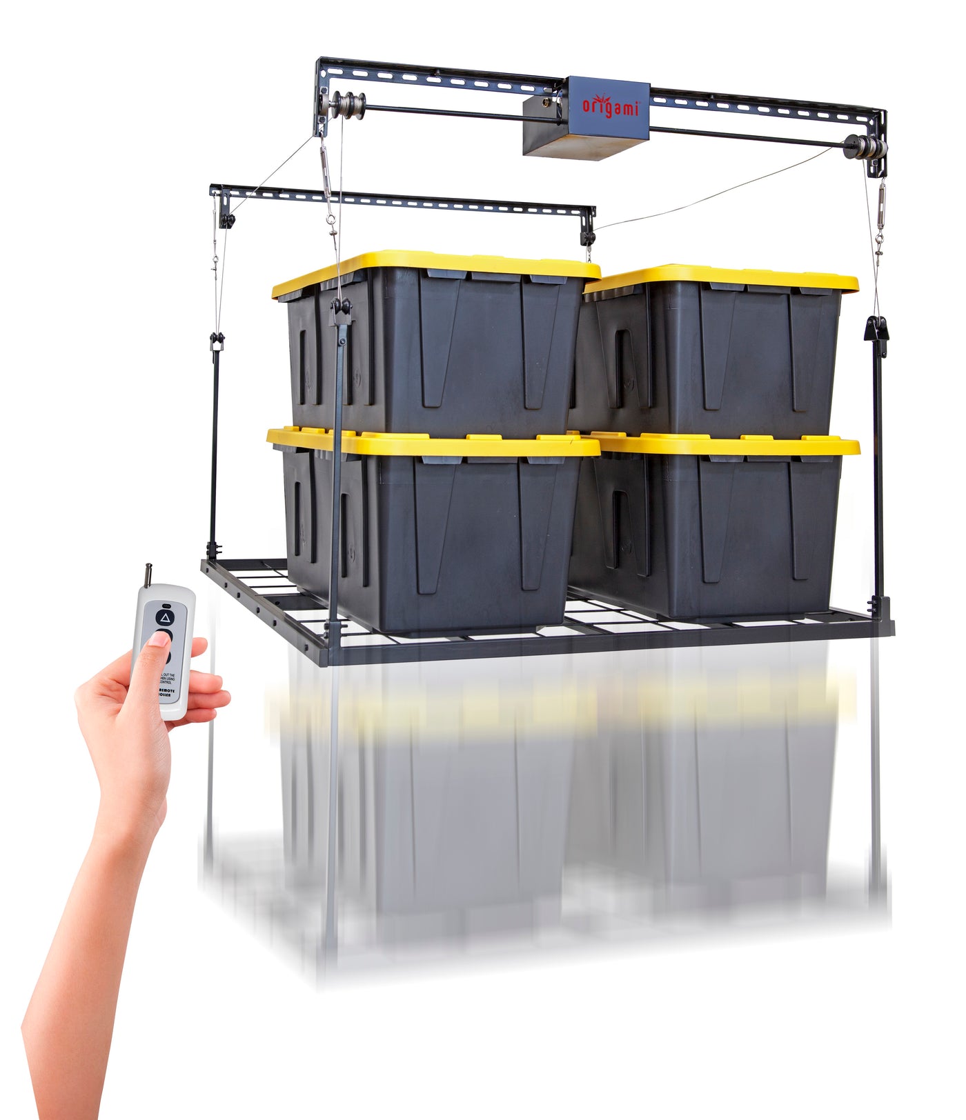 Motorized Collapsible Sign Rack Origami Elevator ®: Garage Motorized Shelf – Origami Rack