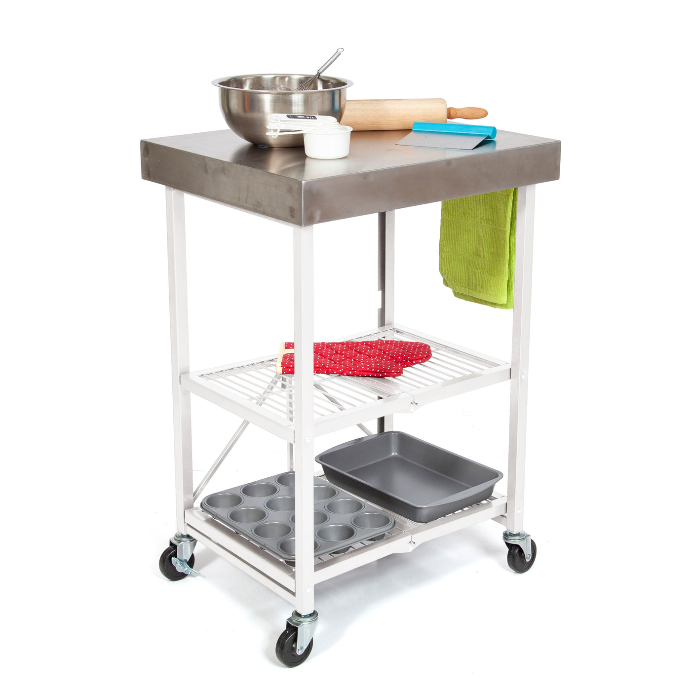 Origami Stainless Steel Foldable Kitchen Island with White Base and Wheels
