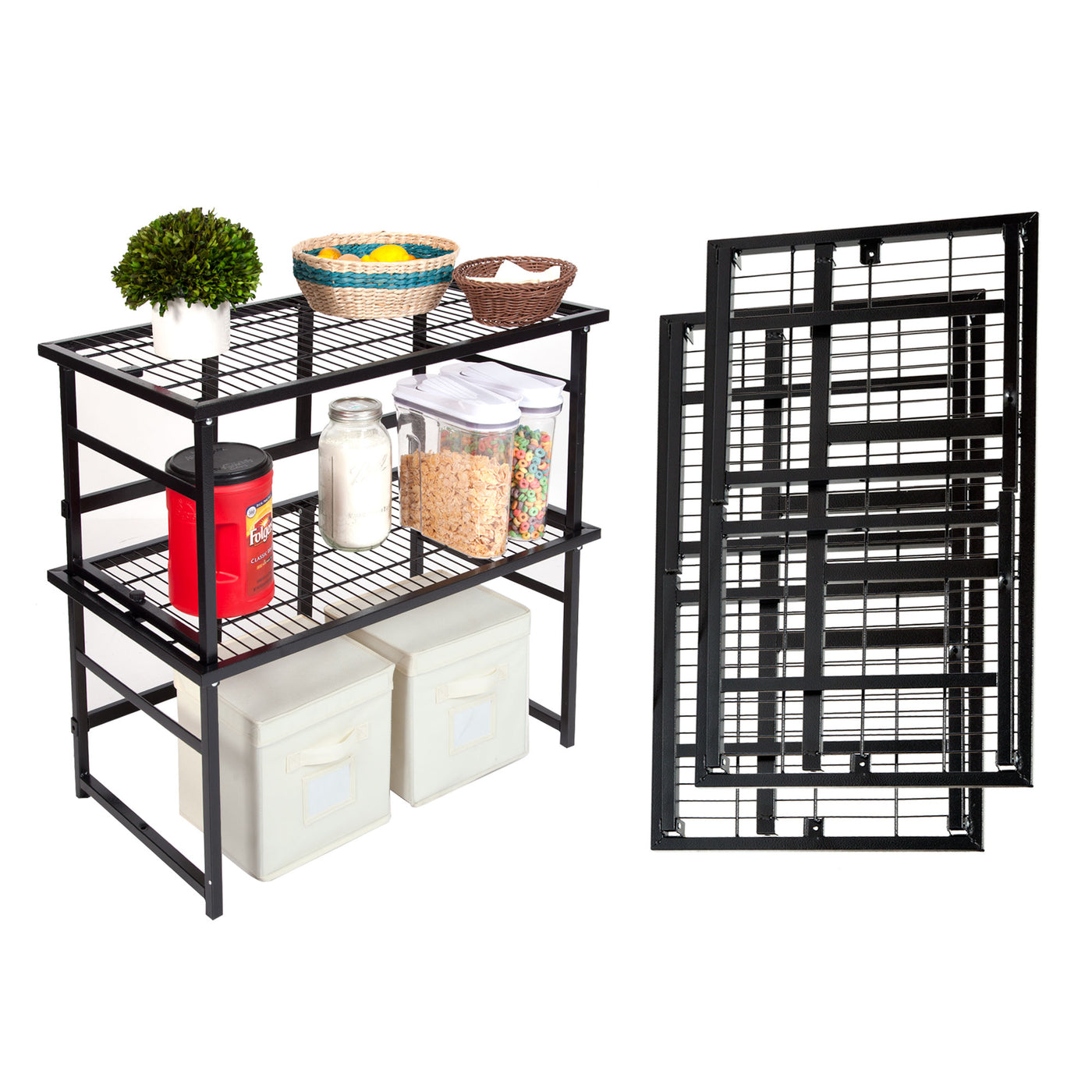 mDesign Metal Kitchen Shelf Stackable Organizer Storage Rack, 2 Pack, Black