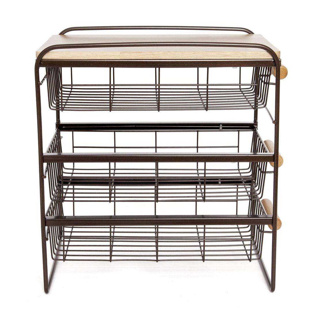 norinori　　　オーダーキッチンラック Origami Wood Top Steel Kitchen Organizer 3 Mesh Basket Sliding