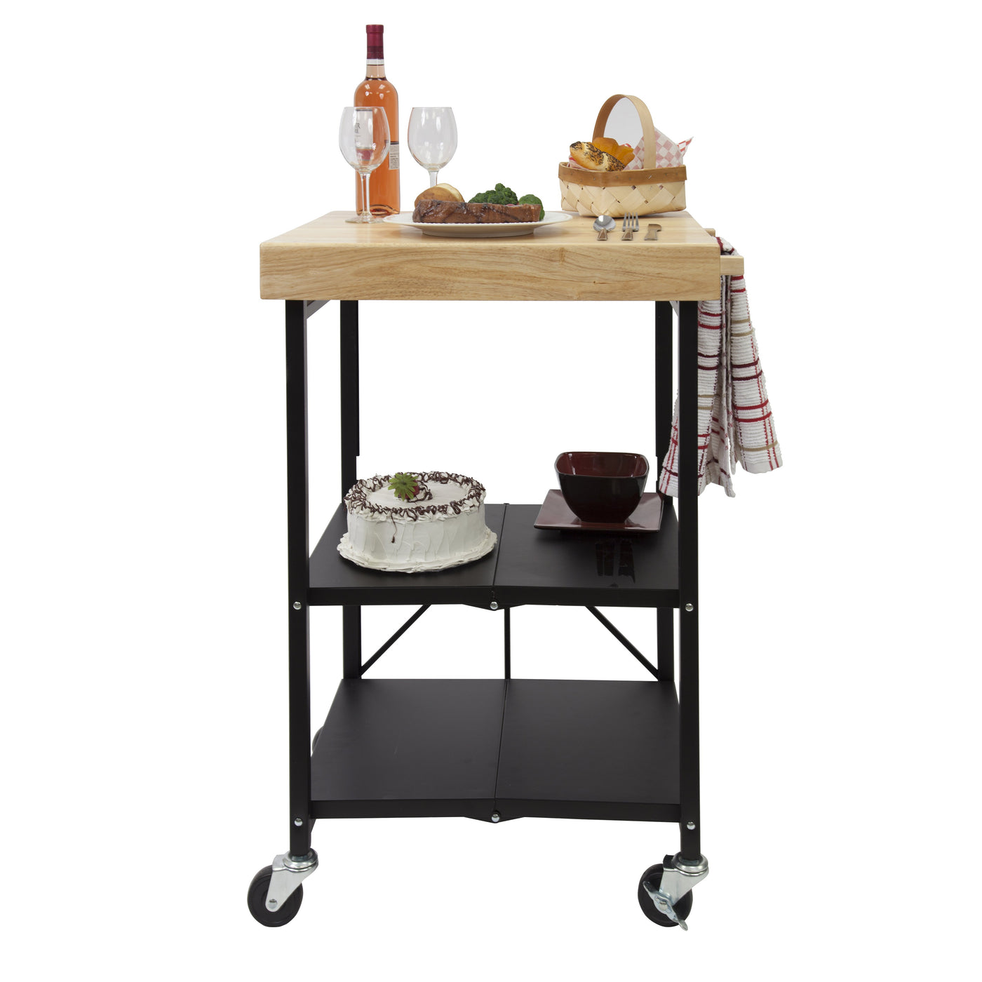 Foldout 3-Tier Kitchen Serving Island Cart With Wheels